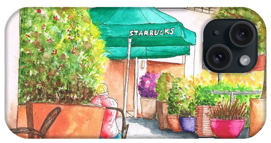 Starbucks Coffee iPhone Case featuring the painting Starbucks Coffee, Sunset Blvd, and Cresent High, West Hollywood, CA by Carlos G Groppa