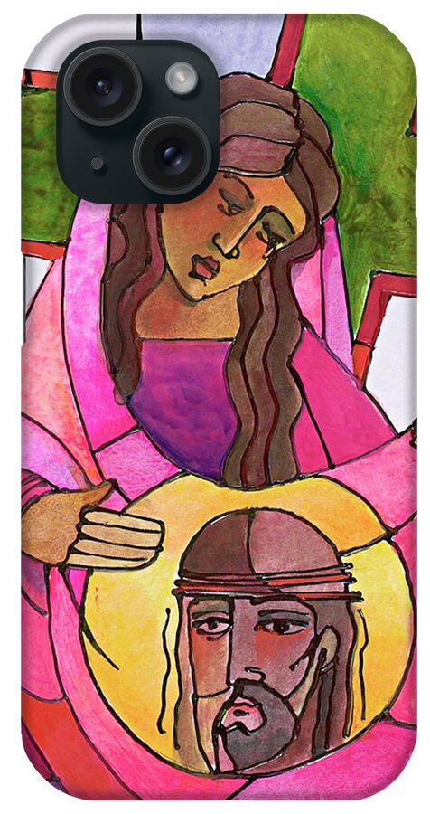 Stations Of The Cross - 06 St. Veronica Wipes The Face Of Jesus iPhone Case featuring the painting Stations of the Cross - 06 St. Veronica Wipes the Face of Jesus - MMVEW by Br Mickey McGrath OSFS