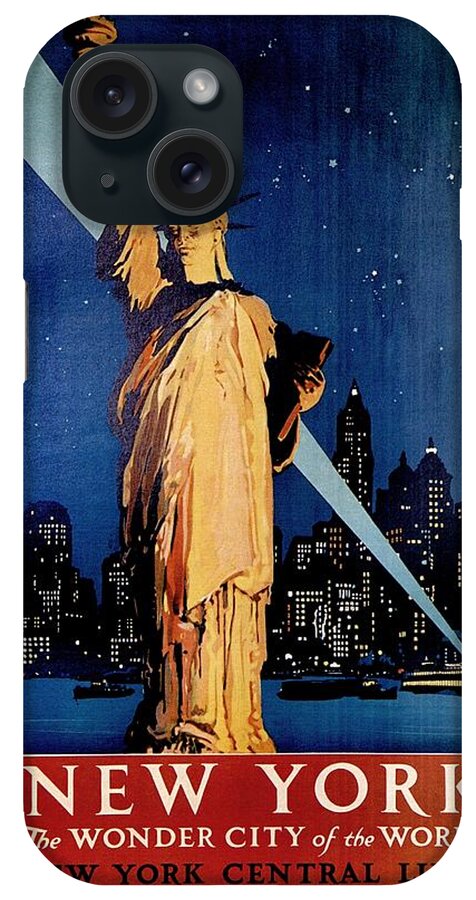 Statue Of Liberty iPhone Case featuring the painting Statue of Liberty at night - New York City Vintage Poster by Studio Grafiikka