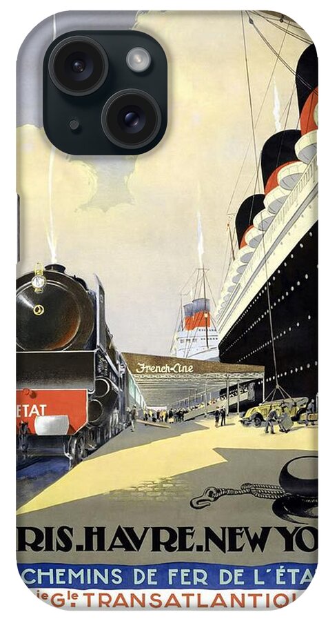 Steamliner Ship iPhone Case featuring the painting Steam Engine Locomotive and Steamliner Ship - Transatlantic - Paris, Le Havre, New York by Studio Grafiikka