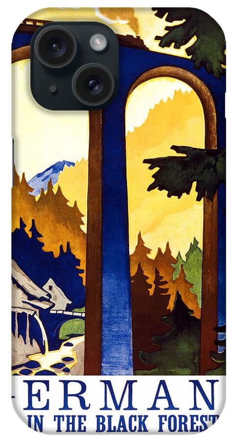 Germany iPhone Case featuring the painting Steam Engine Train Passing through a tall bridge in the German Black Forest - Vintage Travel Poster by Studio Grafiikka