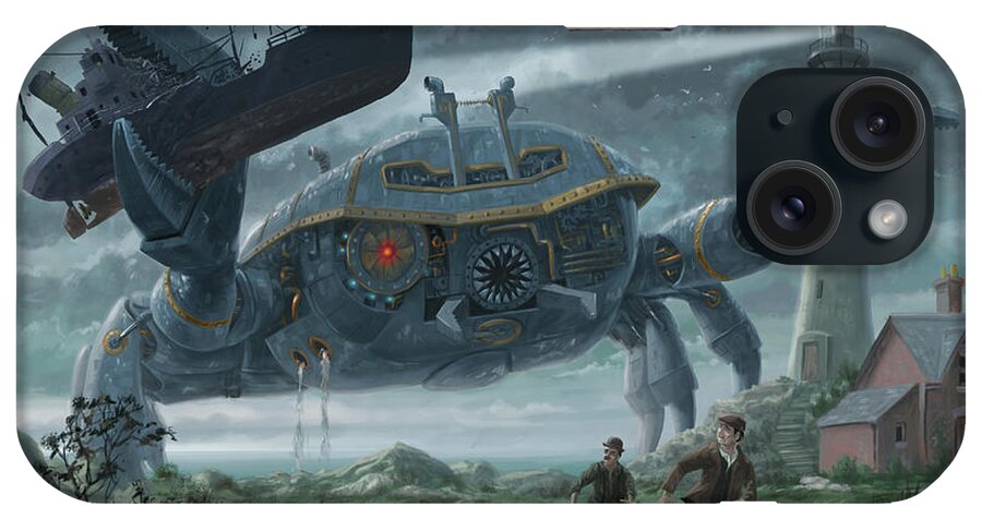Crab iPhone Case featuring the digital art Steampunk Giant Crab attacks Lighthouse by Martin Davey