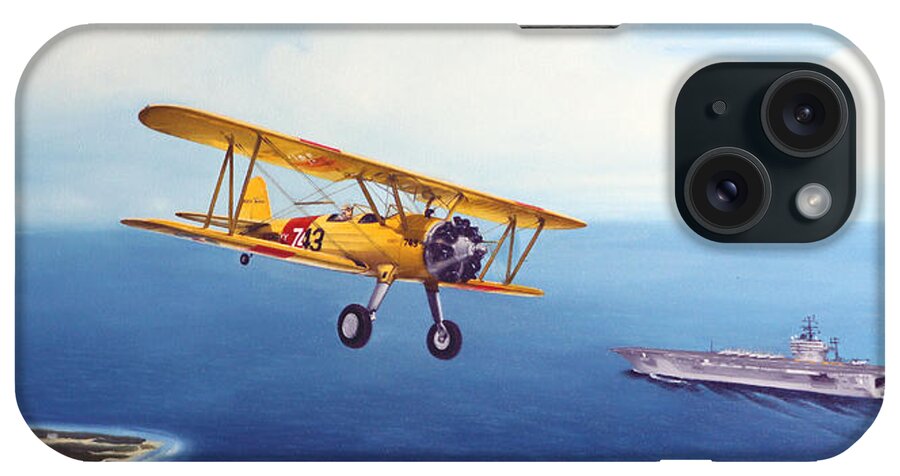 Bi-plane iPhone Case featuring the painting Stearman N2S-3 Over Hampton Roads by Marc Stewart