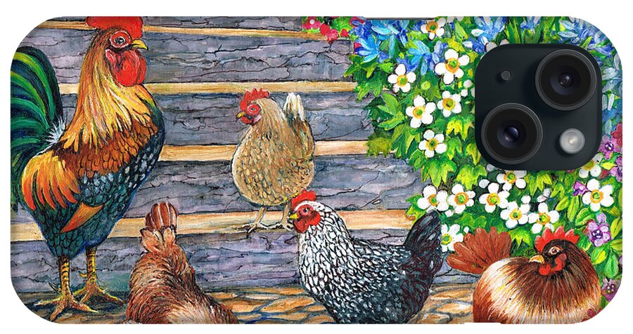 A Pecking Party Loose In The Garden iPhone Case featuring the painting Stepping Out by Val Stokes