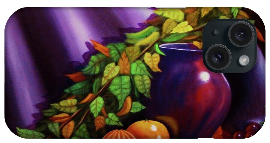 Oil On Canvas....purple Vase......oranges...grapes. iPhone Case featuring the painting Still life w/purple vase by Gene Gregory