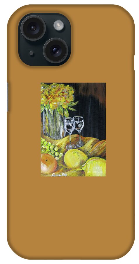 Original Acrylic Painting iPhone Case featuring the painting Still Life with wine glasses, Roses and Fruit. Painting by Oksana Semenchenko