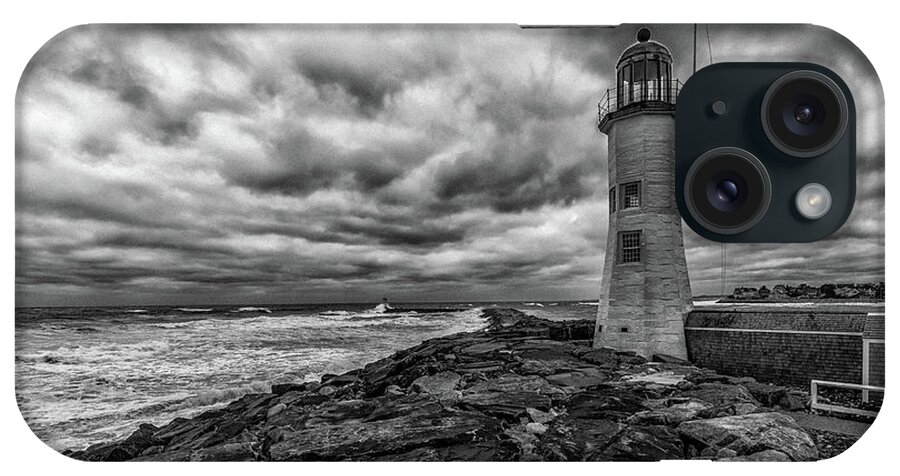 Storm Clouds Over Old Scituate Lighthouse In Black And White iPhone Case featuring the photograph Storm Clouds over Old Scituate Lighthouse in Black and White by Brian MacLean