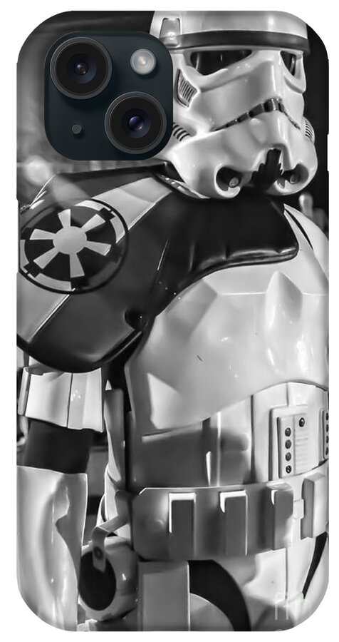 Stormtrooper iPhone Case featuring the photograph Storm Trooper BW--at Mardi Gras by Kathleen K Parker