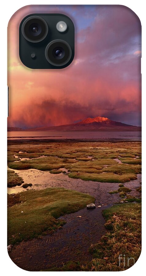 Chile iPhone Case featuring the photograph Stormy Sunset Over Bofedales and Lake Chungara Chile by James Brunker