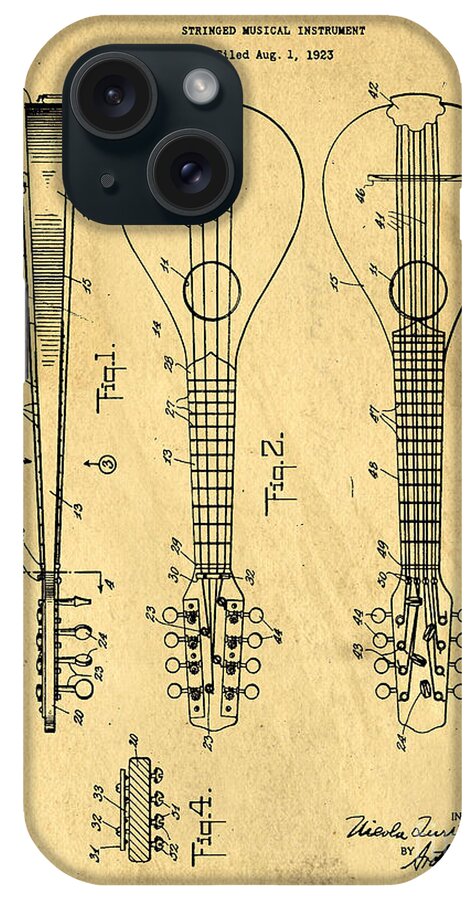 Original iPhone Case featuring the digital art Stringed Musicial Instrument Patent Art Blueprint Drawing by Edward Fielding