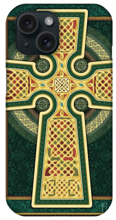 Celtic Cross iPhone Case featuring the digital art Stylized Celtic Cross in Green by Randy Wollenmann
