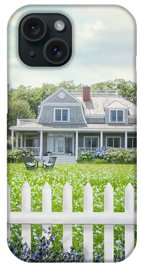 Atmosphere iPhone Case featuring the photograph Summer cottage and white picket fence with flowers by Sandra Cunningham