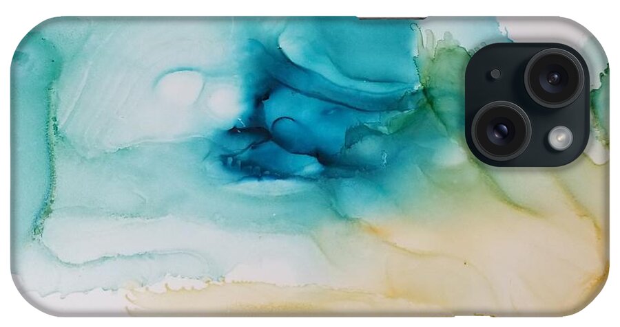 Landscape Turquoise Aqua Cream Green Blue White Decor Summer Sunshine Ocean Beach Abstract Alcohol Ink Yupo iPhone Case featuring the painting Summer Day by Kelly Dallas