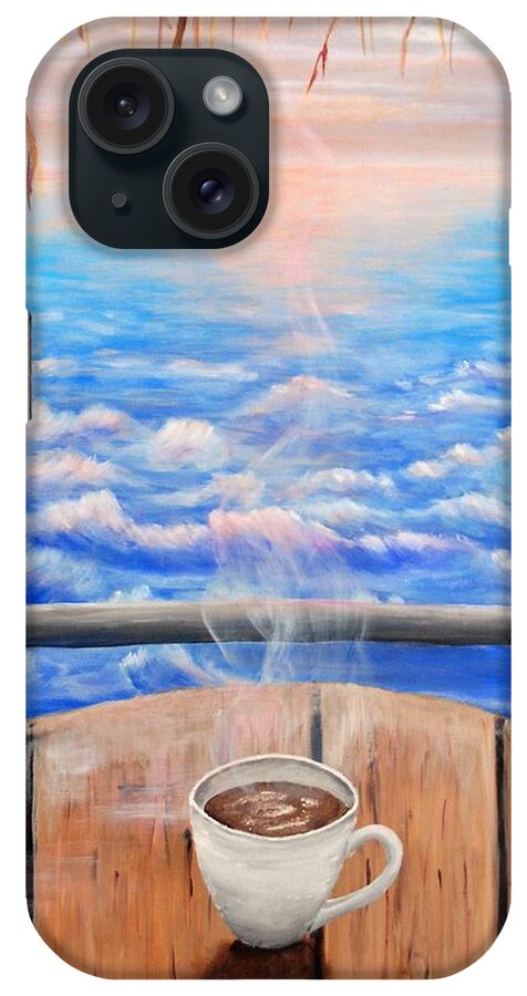 Coffee Summer Sea Bungalow Shadow Sunset Sunrise Sun Waves Cafe Horizon Straw Table Steam Hot Pin Blue Colorful Gray Cup Mug Art Acrylic Clouds Painting Turkish Coffee iPhone Case featuring the painting Summer Mood by Medea Ioseliani
