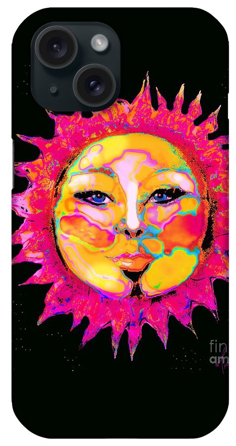  Strong Sensual Female Sun Face Portrait Surrounded Bystars iPhone Case featuring the digital art Sun Goddess She Sun by Priscilla Batzell Expressionist Art Studio Gallery