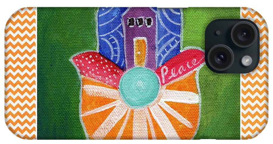 Hamsa iPhone Case featuring the painting Sunburst Hamsa with Chevron Border by Linda Woods