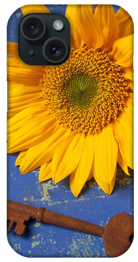Sunflower iPhone Case featuring the photograph Sunflower and skeleton key by Garry Gay