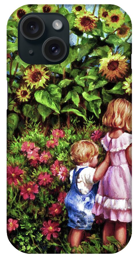 Children With Sunflowers iPhone Case featuring the painting Sunflower Garden by Marie Witte