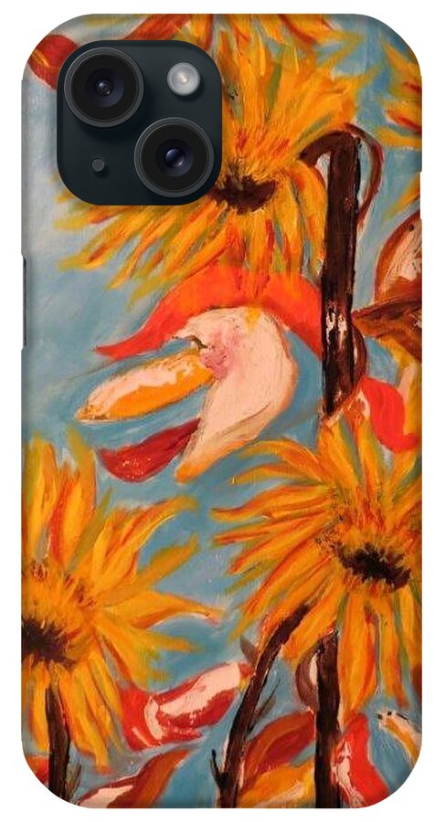 Abstract Sunflowers Tuscan Provence Summer Fall Harvest Flowers Joyful Gold Brown Blue Magenta iPhone Case featuring the painting Sunflowers At Harvest by Sharyn Winters