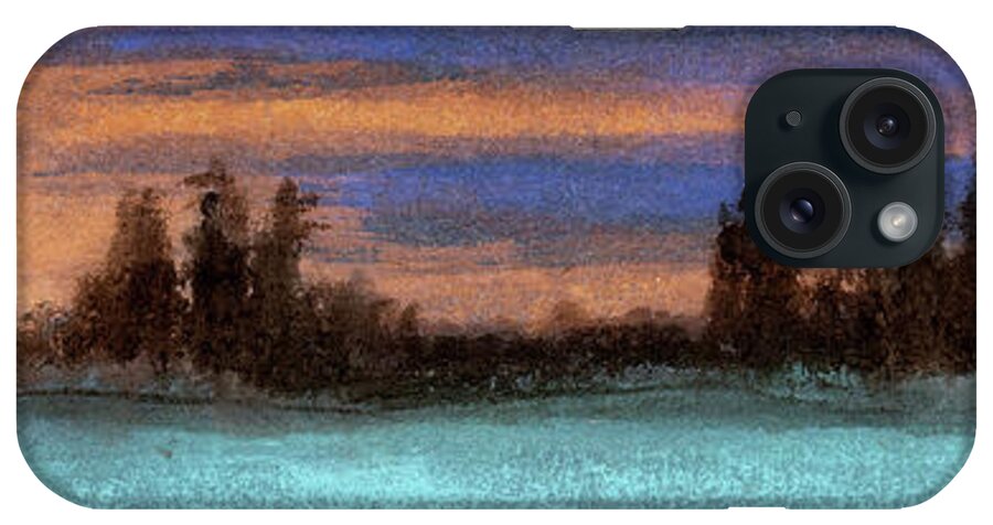 Decline Evening Sunset Dusk Nightfall Sundown Black Winter Light Sun Woods Wilderness Wild Water Trees Tree Sky Silhouetted Silhouette Pines Pine Outdoors Outdoor Northern North Landscape Lake Kyllo Golden Evergreen Cold Cloud Canadian Canada Art Panoramic Panorama Wide Scene View Broad Big Width Large Decor Decoration Hard Fit Space Angle Thin Narrow Blue Gold iPhone Case featuring the painting Sunlight over Water by R Kyllo