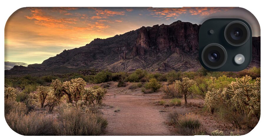Superstitions iPhone Case featuring the photograph Sunrise in the Superstitions by Sue Cullumber