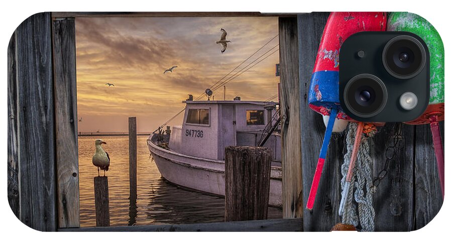 Coast iPhone Case featuring the photograph Sunrise Photograph of Boat with Gulls and Fishing Buoys by Randall Nyhof