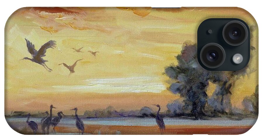 Cranes iPhone Case featuring the painting Sunset on the marshes with cranes by Irek Szelag