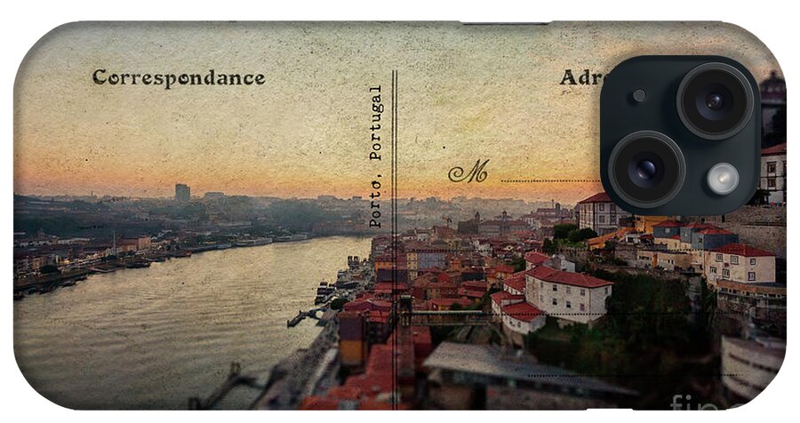 Postcard iPhone Case featuring the digital art sunset view of the Douro river and old part of Porto, Portugal by Ariadna De Raadt