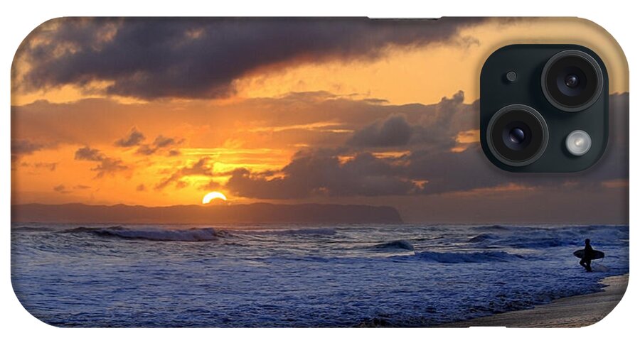 Kauai iPhone Case featuring the photograph Surfer at Sunset on Kauai Beach With Niihau on Horizon by Catherine Sherman