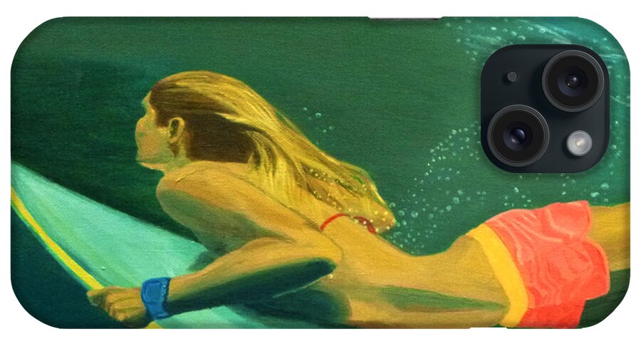 Surf iPhone Case featuring the painting Surfer Girl Duck Dive by Jenn C Lindquist