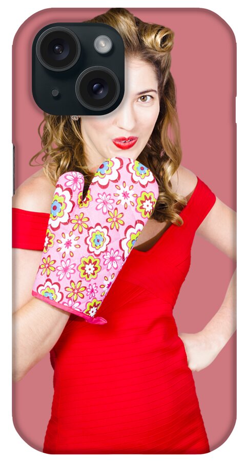 Funny iPhone Case featuring the photograph Surprise cooking pinup woman with cook mitt by Jorgo Photography