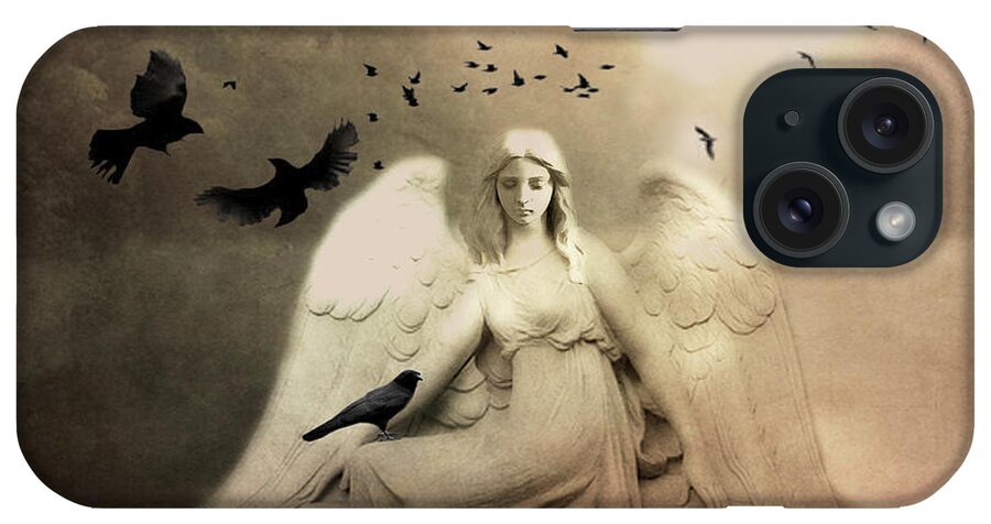 Angel iPhone Case featuring the photograph Surreal Gothic Cemetery Angel With Flying Ravens - Ethereal Surreal Gothic Angel Art by Kathy Fornal