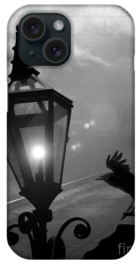 Ravens iPhone Case featuring the photograph Surreal Gothic Raven With Night Stars Lantern - Haunting Raven Black and White Night Lights by Kathy Fornal