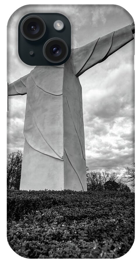 America iPhone Case featuring the photograph Tall Jesus Christ Statue - Eureka Springs Arkansas - Black and White Edition by Gregory Ballos