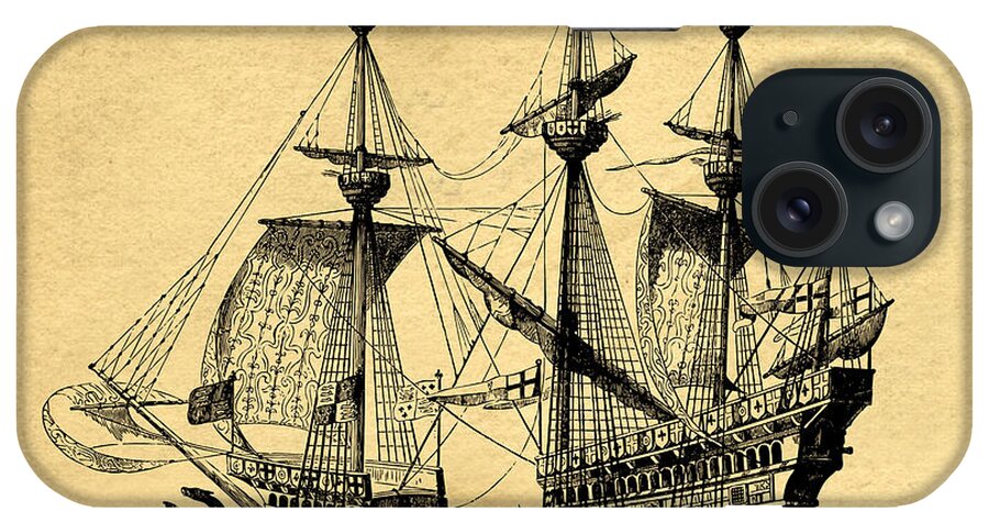 Pirate iPhone Case featuring the drawing Tall Ship Vintage by Edward Fielding