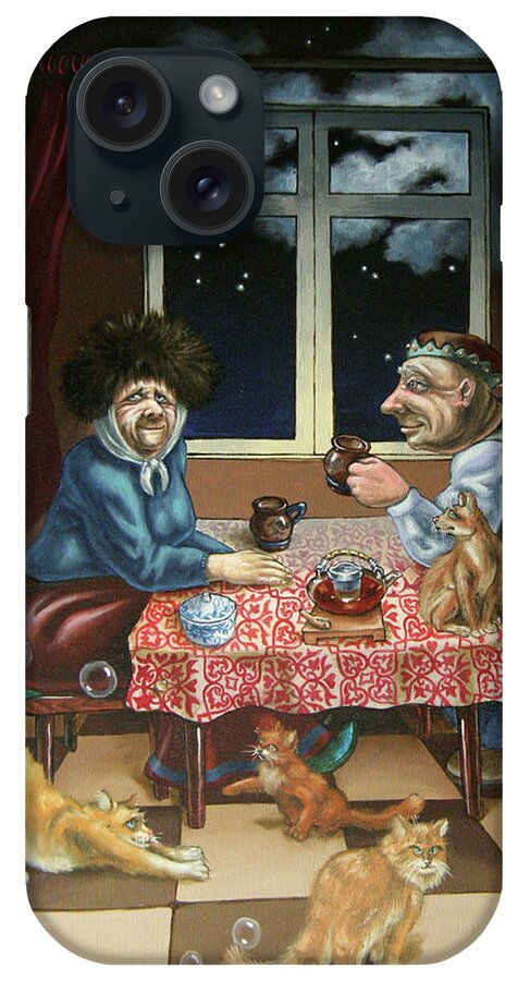 Tea Party iPhone Case featuring the painting Tea with cats by Victor Molev