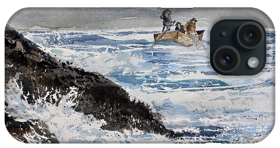 Three Fishermen In A Boat Are Using A Net To Catch Fish. A Rugged Shoreline Is Nearby. iPhone Case featuring the painting Tending The Net by Monte Toon