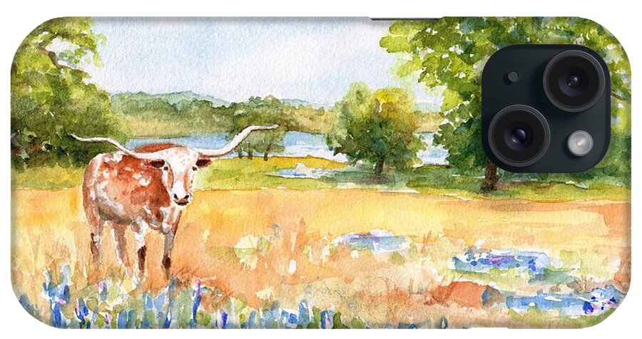 Longhorn iPhone Case featuring the painting Texas Longhorn and Bluebonnets by Carlin Blahnik CarlinArtWatercolor
