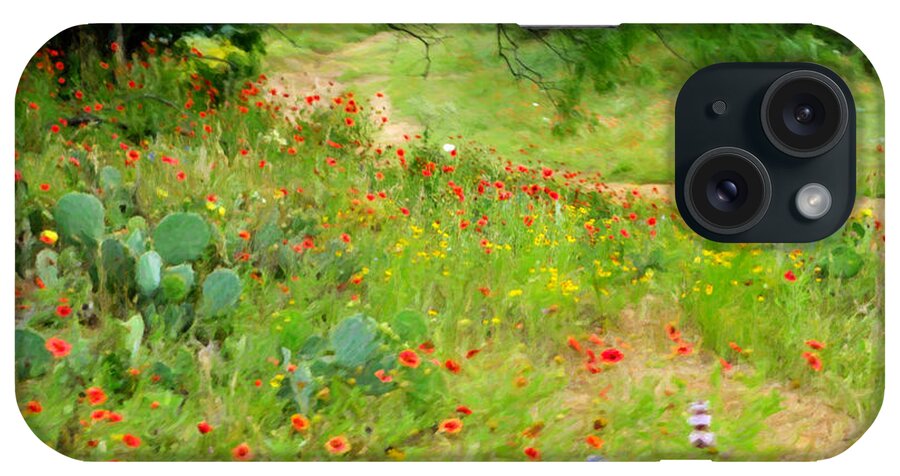 Texas Wildflowers iPhone Case featuring the photograph Texas Wildflowers and Cactus - Country Road by Rebecca Korpita