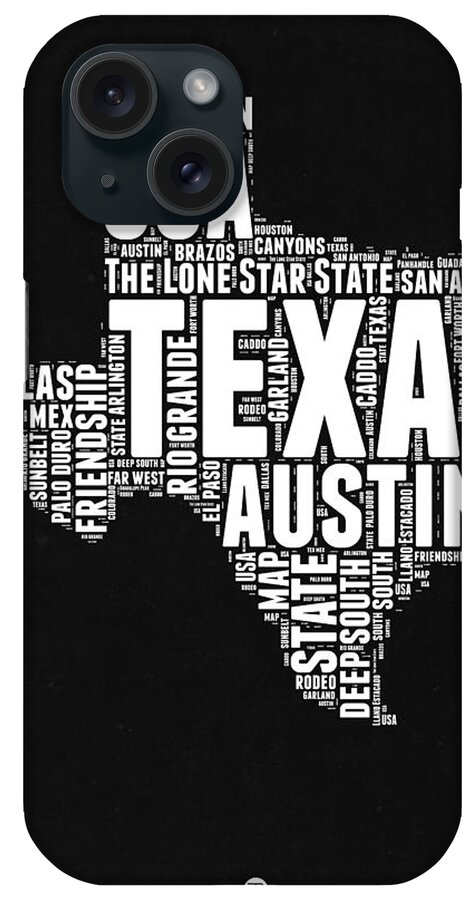  iPhone Case featuring the digital art Texas Word Cloud Black and White Map by Naxart Studio