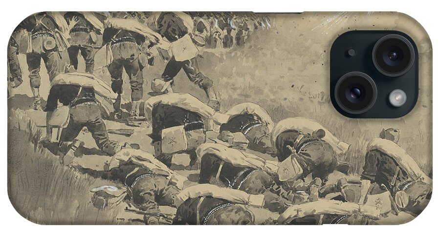 The Artful Dodgers iPhone Case featuring the drawing The Artful Dodgers Shrapnel Coming Down the Road by Frederic Remington