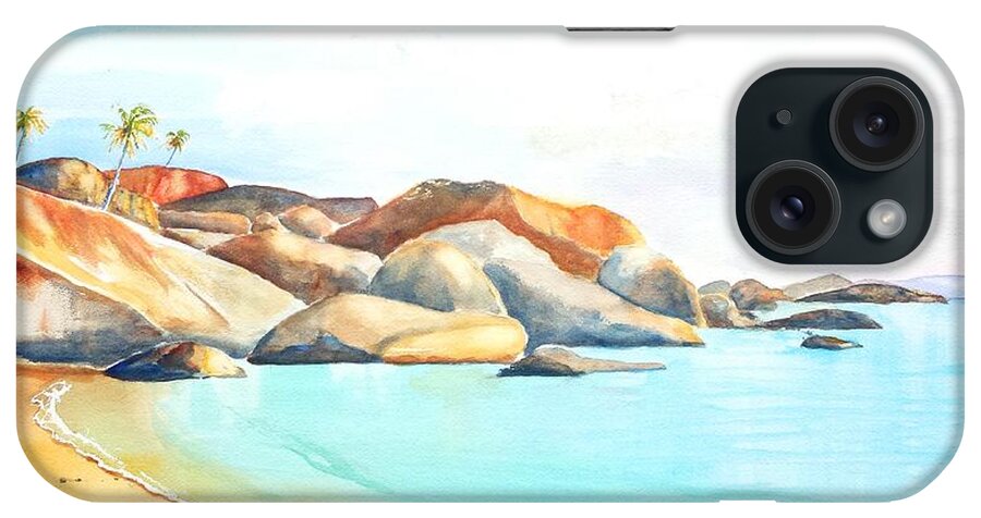 The Baths iPhone Case featuring the painting The Baths Virgin Gorda Beach Boulders by Carlin Blahnik CarlinArtWatercolor