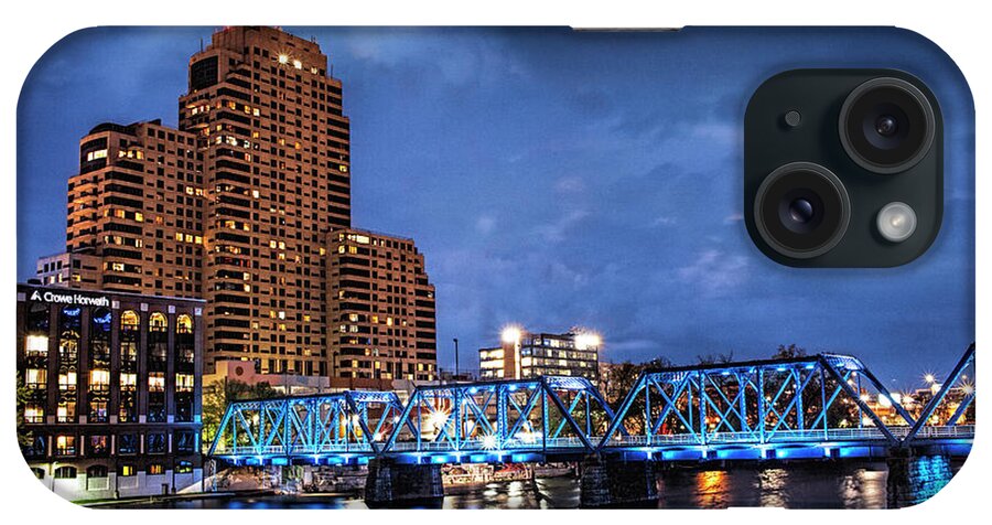 Bridge iPhone Case featuring the photograph The Blue Walking Bridge at Night in Grand Rapids by Randall Nyhof