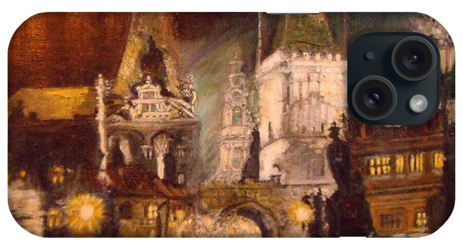 The Charles Bridge iPhone Case featuring the painting The Charles Bridge in Prague at Night by Greta Gartner
