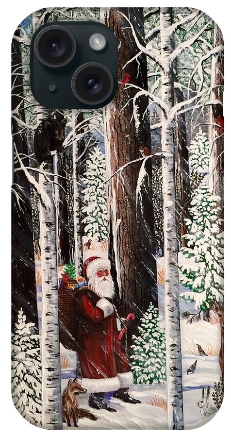 Forest| Winter| Santa Claus| Christmas| Winter Storm| Deer| Bear| Wolf| Fox| Jennifer Lake Art| Quail| Snow| Ski| Children Whimsical| iPhone Case featuring the painting The Christmas Forest Visitor by Jennifer Lake