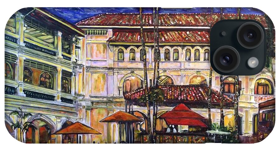 Raffles Hotel iPhone Case featuring the painting The Grand Dame's Courtyard Cafe by Belinda Low