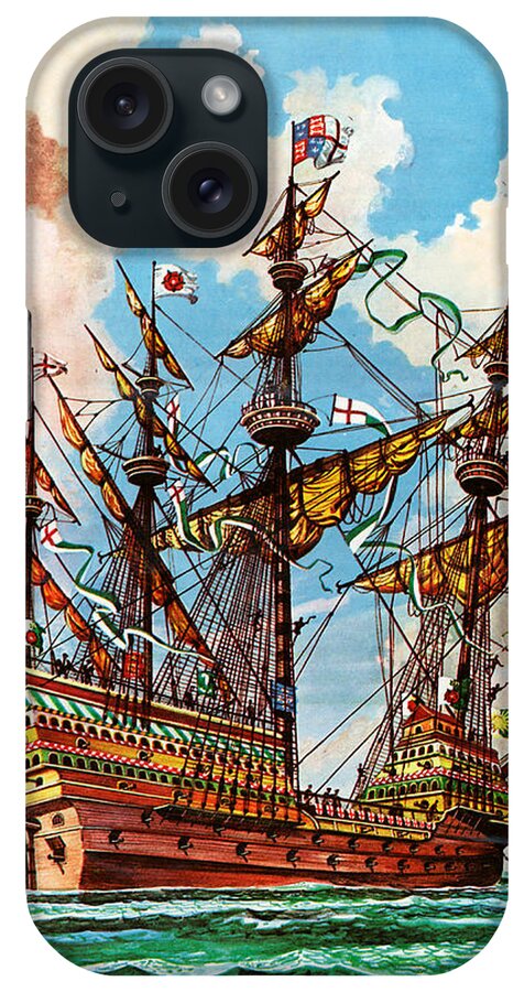 Tudor Rose iPhone Case featuring the painting The Great Harry, flagship of King Henry VIII's fleet by Peter Jackson