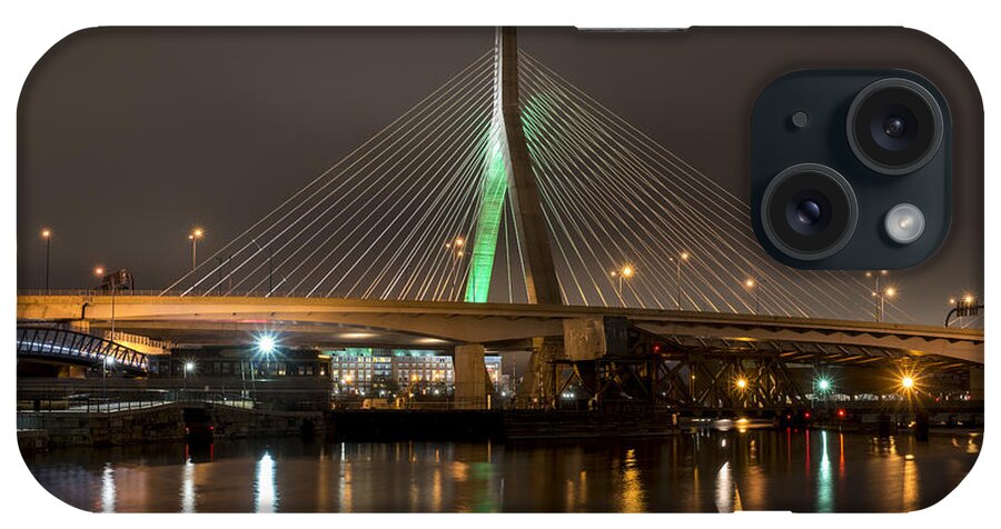 Boston iPhone Case featuring the photograph The Leonard P Zakim bridge lit up in green for St Patrick's Day Reflection by Toby McGuire