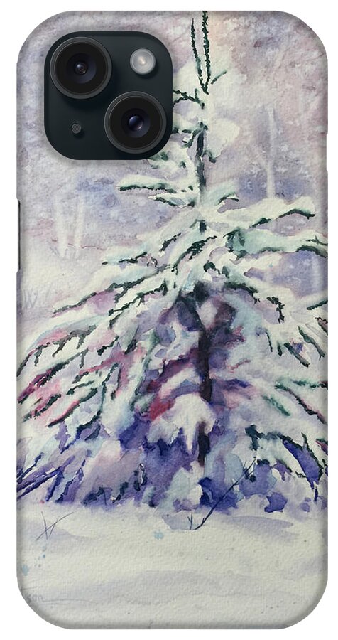 Alaska Spruce Tree iPhone Case featuring the painting The Little Backyard Tree by Karen Mattson