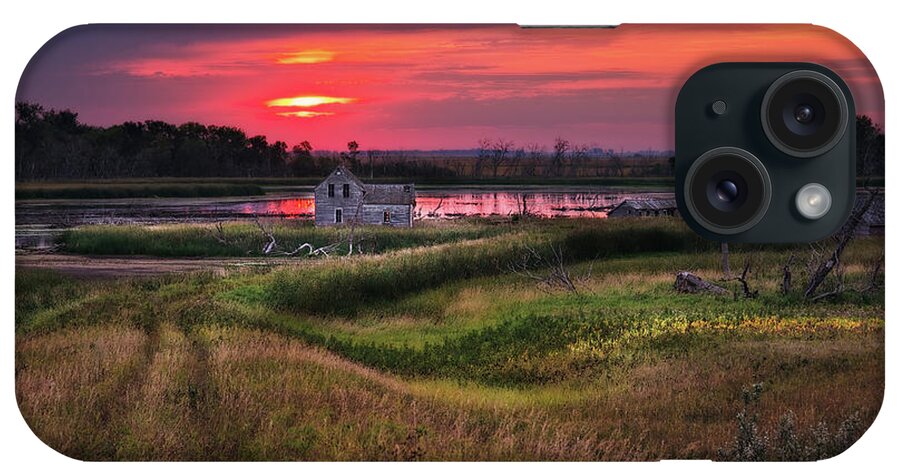 Abandoned Nd Rural Farmstead Homestead Trail Water Devils Lake Flood Landscape Scenic Horizontal Stensby Brinsmade Normania Silver Lake Devils Lake Sunrise Red iPhone Case featuring the photograph The Path Home #3 - sunrise by Peter Herman